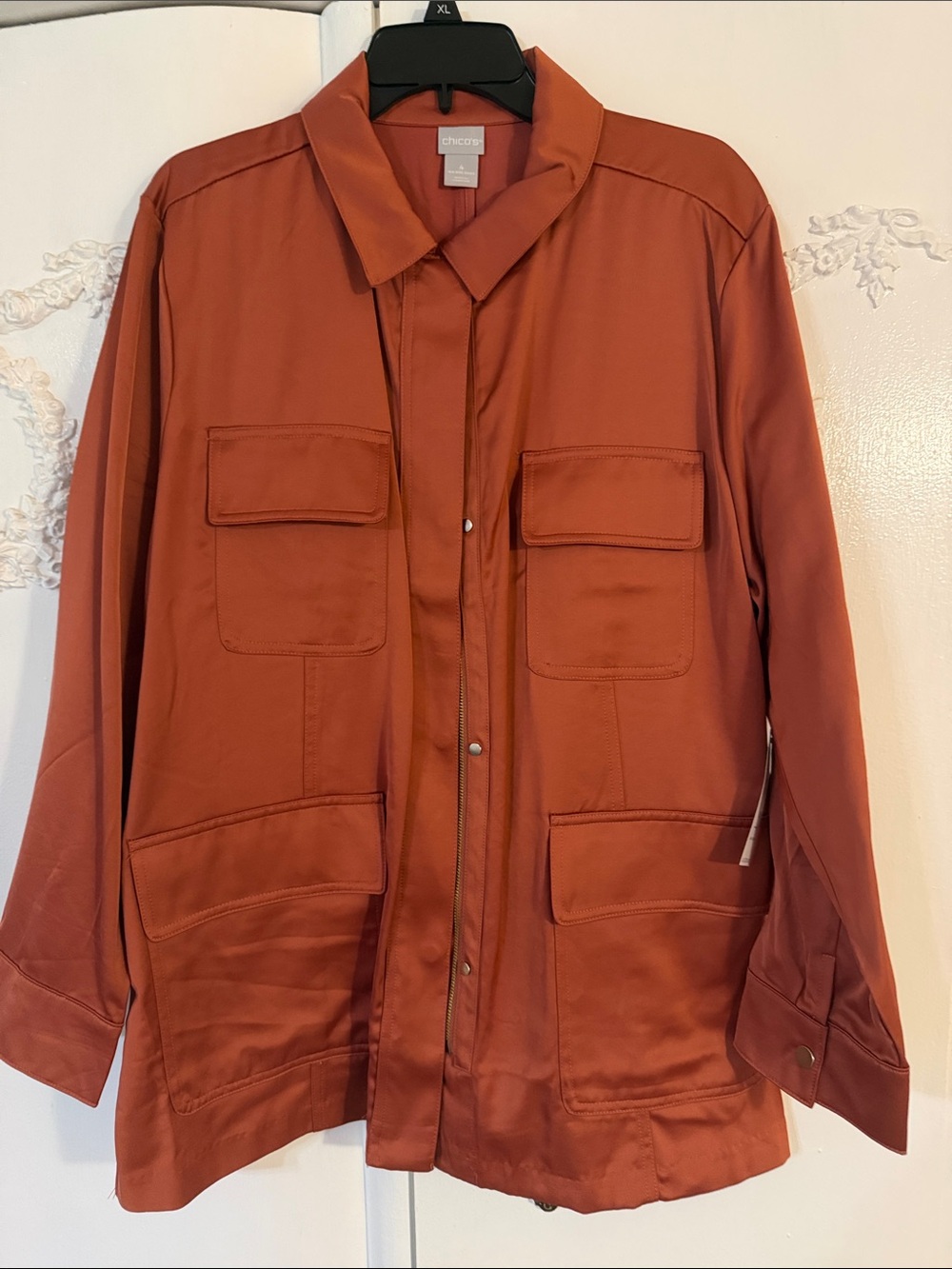 Chico's Rust Orange Satin Utility Jacket. SZ 4